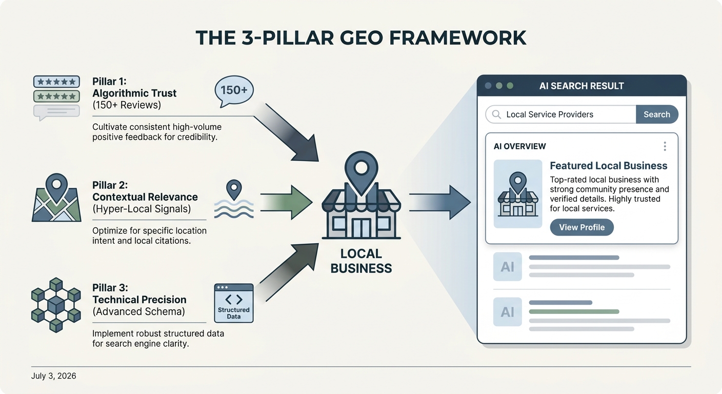 Summary of the 3-pillar framework for GEO: Algorithmic Trust, Contextual Relevance, and Technical Precision lead to AI citation.
