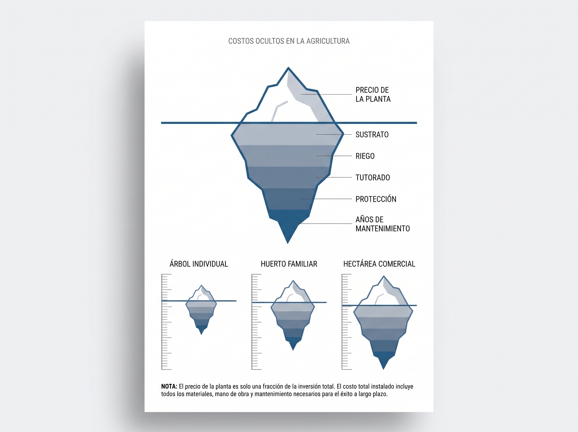 Infografía tipo iceberg que muestra que el costo real del cerezo incluye riego, tutor, protección y mantenimiento, no solo la planta.