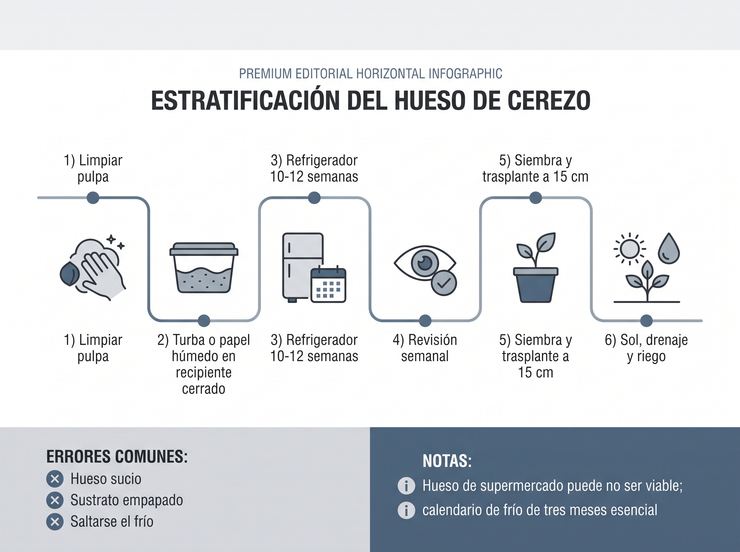 Diagrama de estratificación del hueso de cerezo desde la limpieza hasta el trasplante y los errores que impiden germinar.