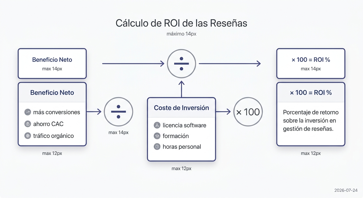 Infografía de la fórmula del ROI de software de reseñas con desglose de beneficios y costes