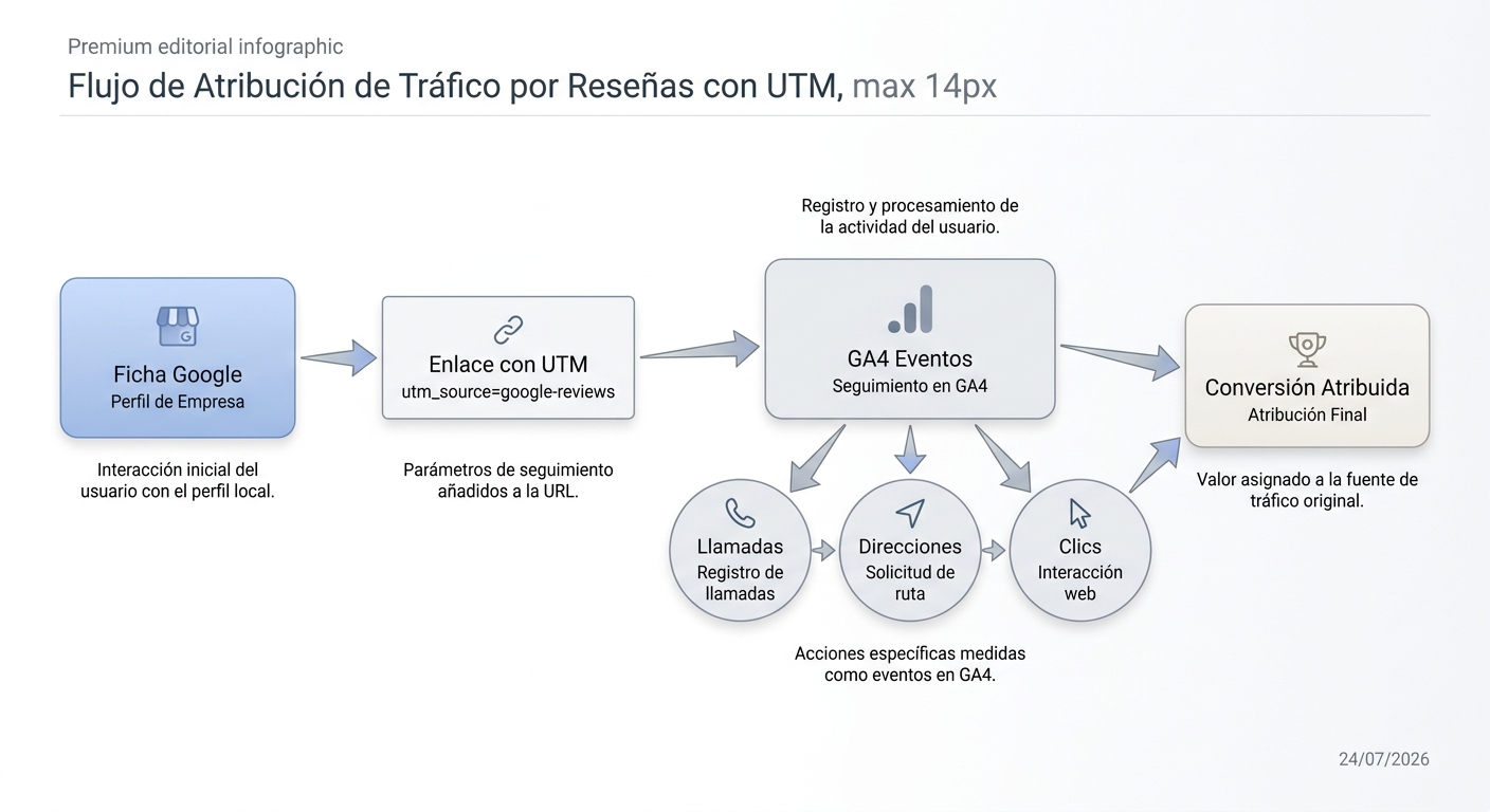Diagrama de flujo de atribución con parámetros UTM desde Google Business Profile hasta GA4