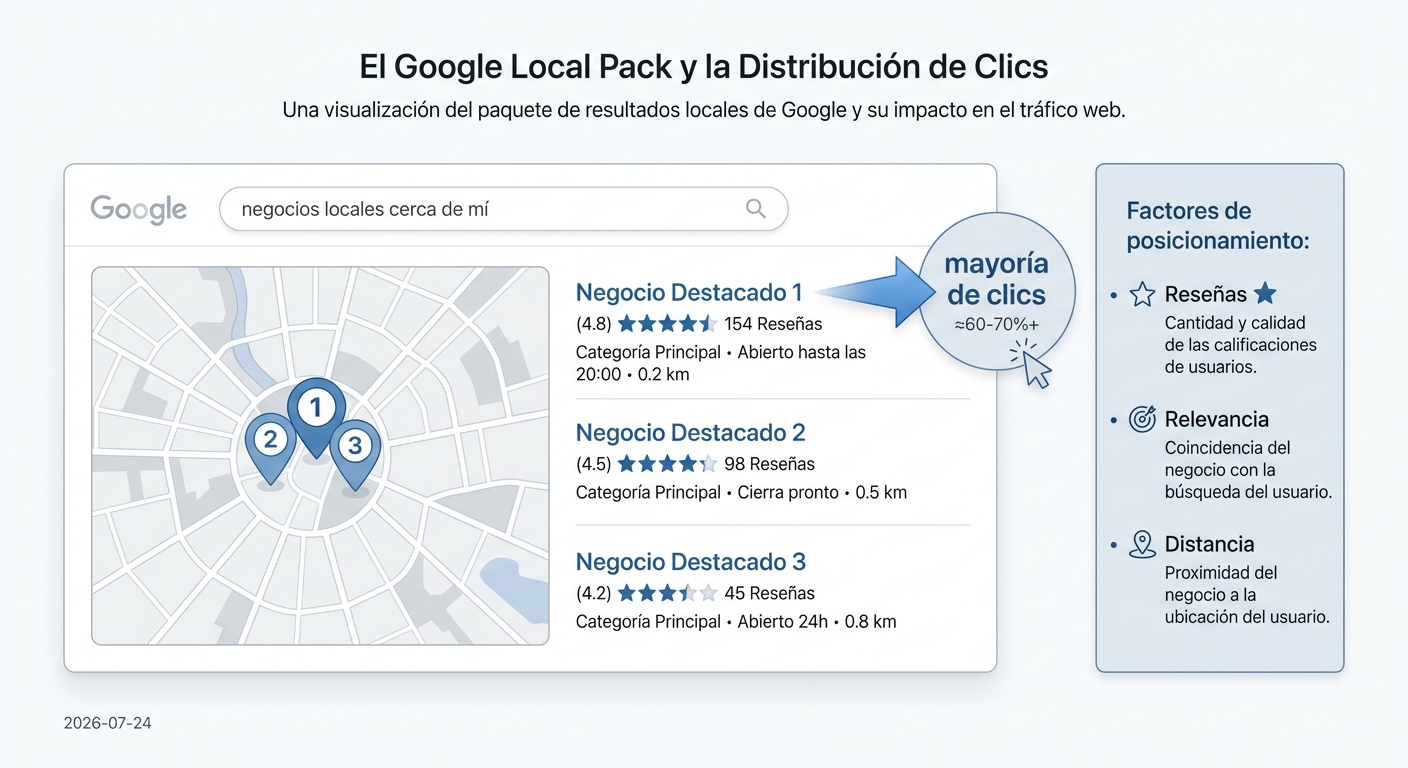 Visualización del Local Pack de Google con los tres principales negocios y factores de posicionamiento