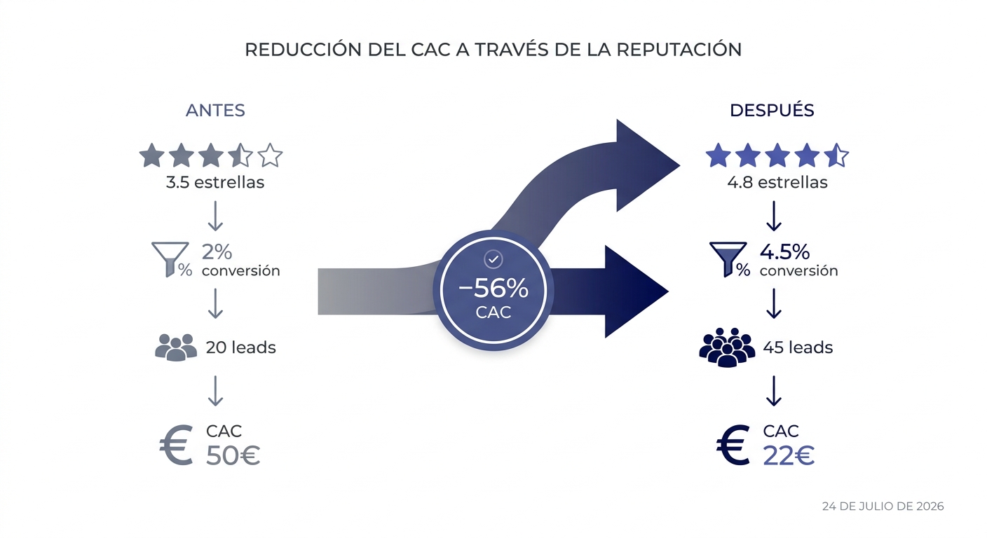 Comparación antes y después: reducción del CAC al mejorar la puntuación de estrellas