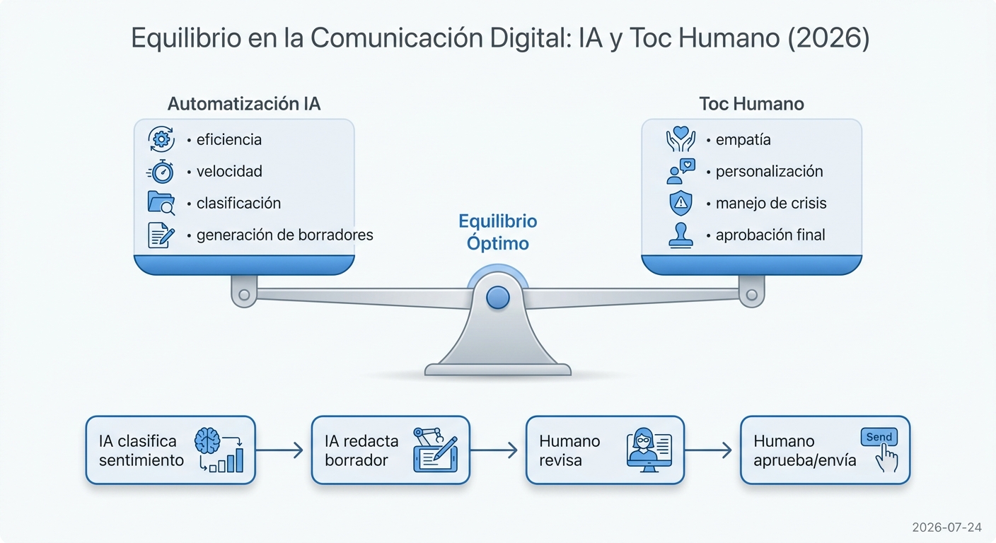 Diagrama de equilibrio entre automatización con IA y toque humano en gestión de reseñas