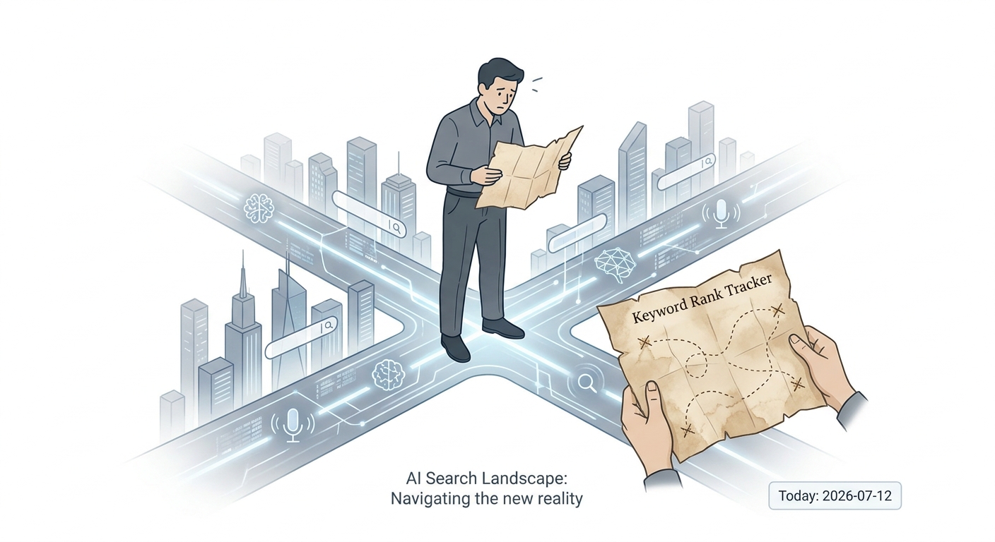 Illustration of a person trying to navigate a futuristic city using an old map, symbolizing the inadequacy of old SEO tools for AI search.