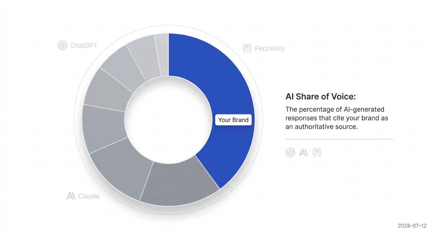 Infographic explaining AI Share of Voice, which measures the percentage of AI responses that cite your brand.