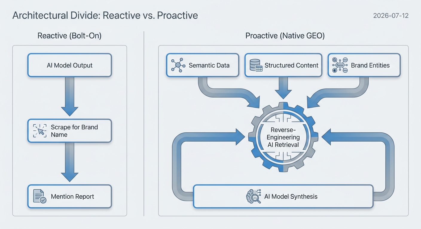 Diagram showing Semrush's reactive 'bolt-on' approach versus AiRankia's proactive 'native GEO' architecture that influences AI models.