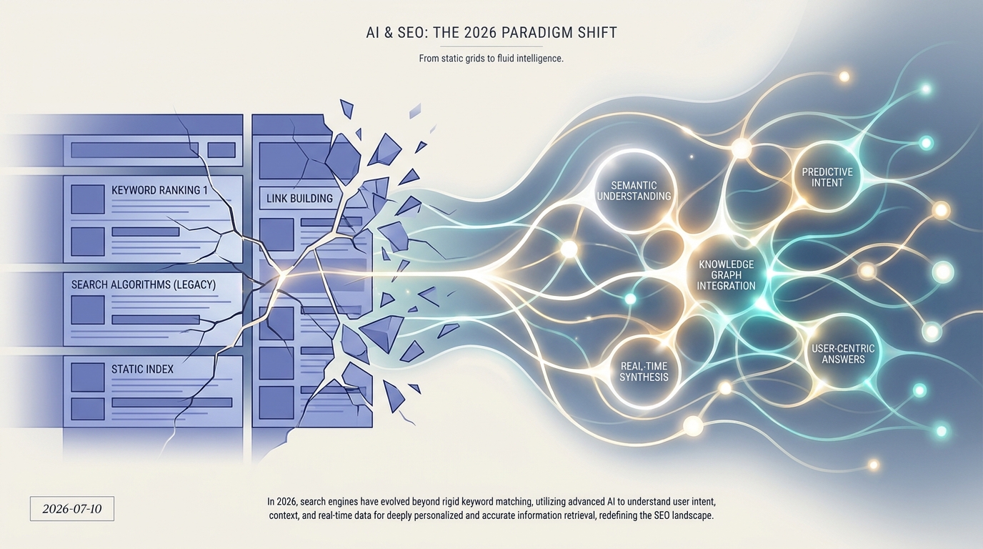 An abstract illustration showing the shift from traditional blocky search results to fluid, AI-driven information networks.