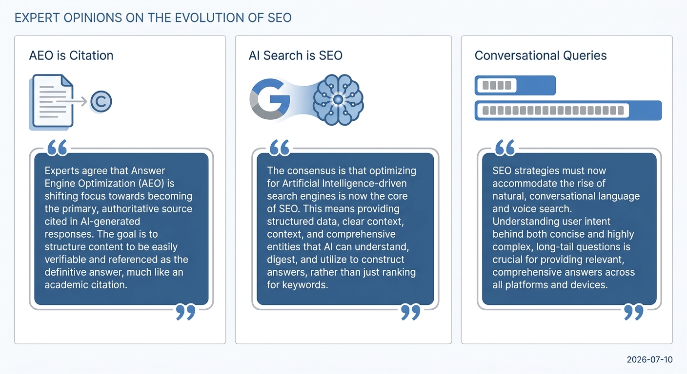 Infographic summarizing expert consensus: AEO is about citation, Google confirms AI search is SEO, and queries are now much longer.