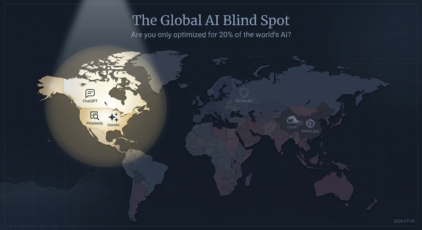 A world map showing that a focus only on US AI models like ChatGPT creates a blind spot for global models in Europe and Asia.