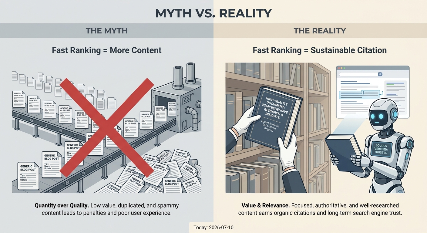Infographic debunking the myth of fast ranking, showing that success comes from sustainable citation of quality content, not mass production of generic articles.