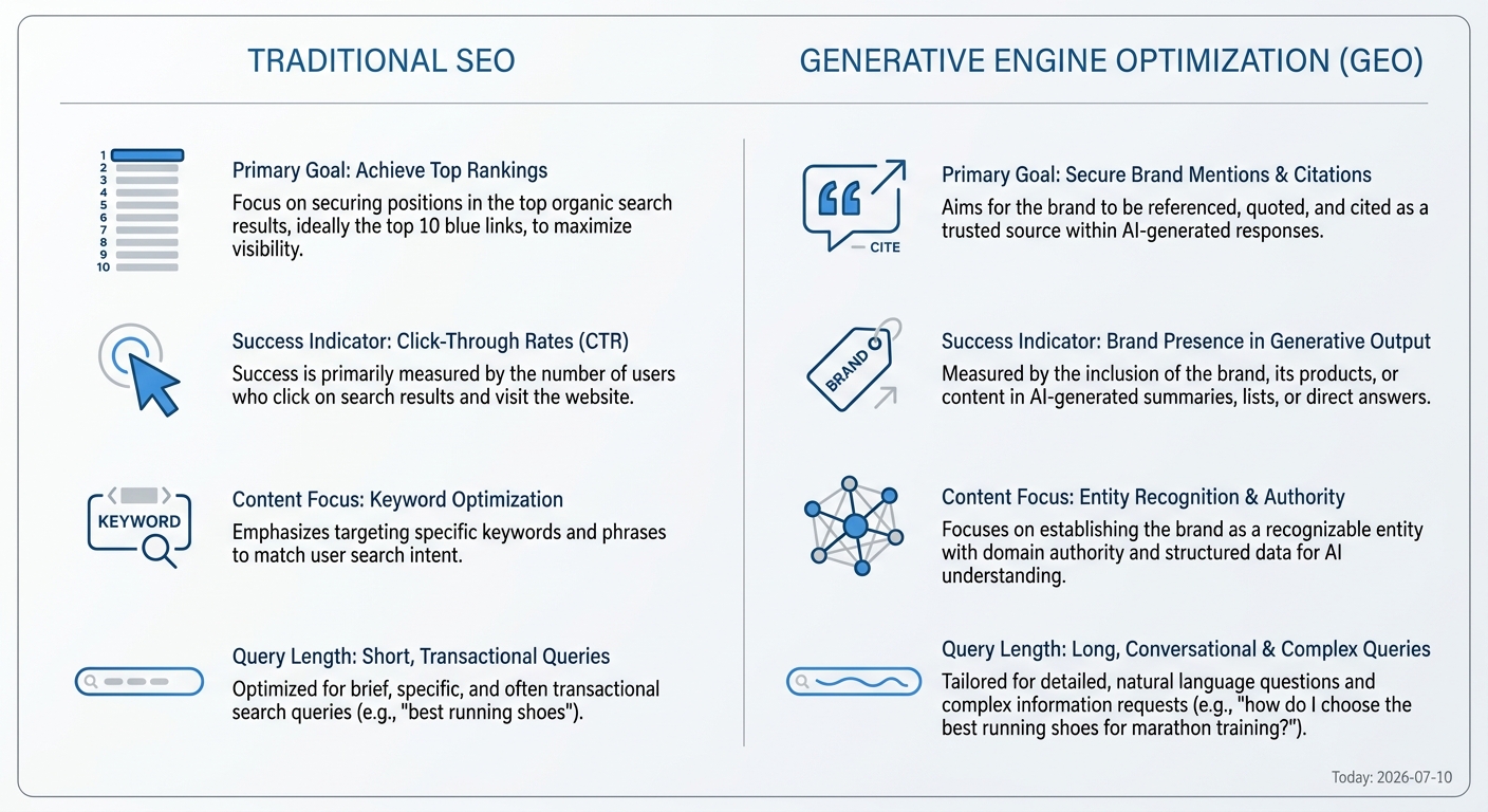 Comparison of Traditional SEO and GEO across goals, metrics, content focus, and query length.