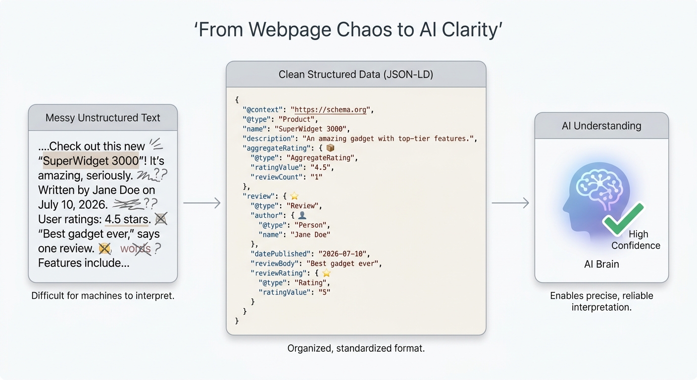 Diagram showing how structured data turns messy webpage content into organized information that AI can understand with high confidence.