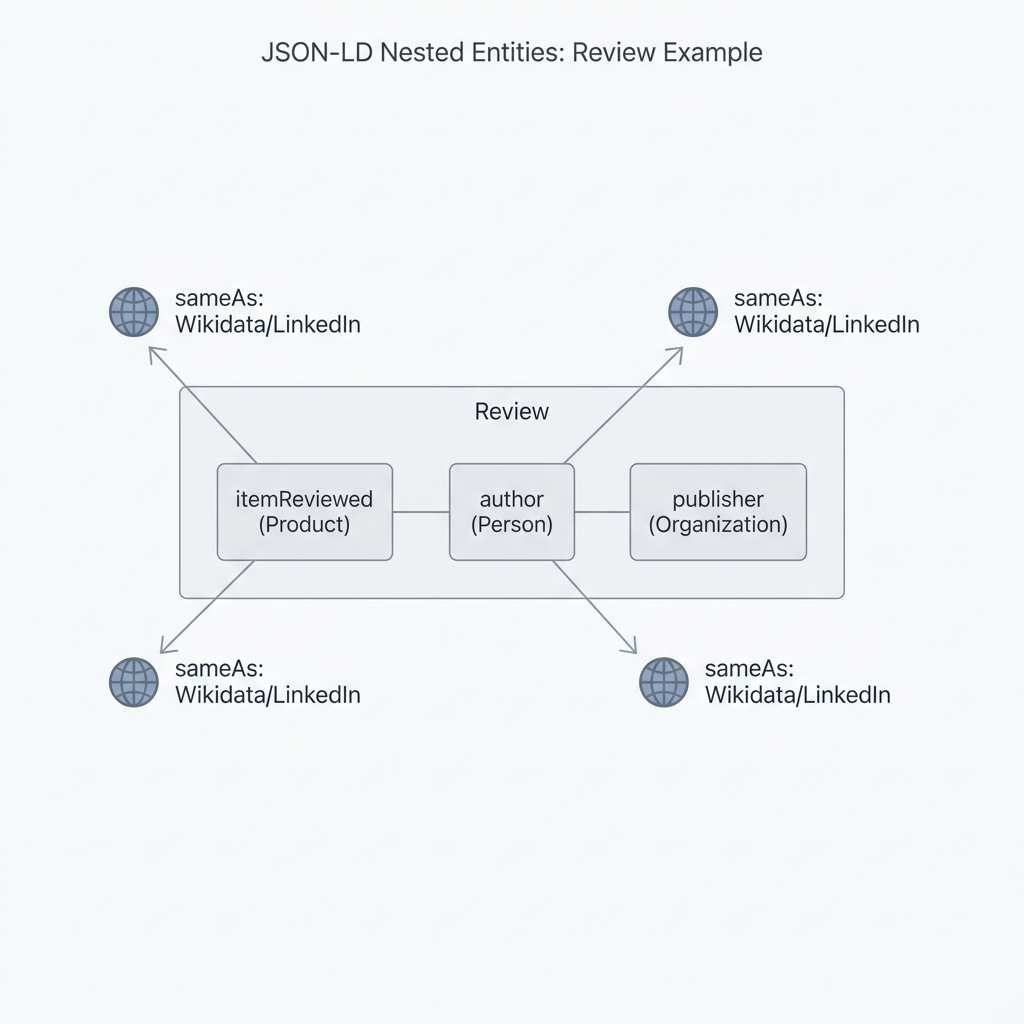 A diagram showing how entities like Product, Person, and Organization are nested within a Review schema and linked to external identifiers.