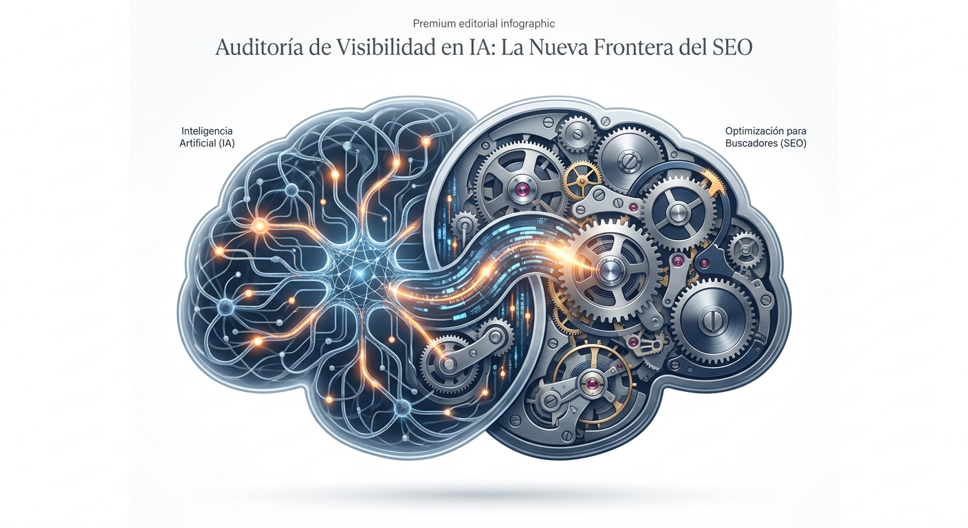 Infografía que muestra la fusión de la inteligencia artificial y el SEO como un cerebro combinado de circuitos y engranajes, simbolizando la auditoría de visibilidad en IA.