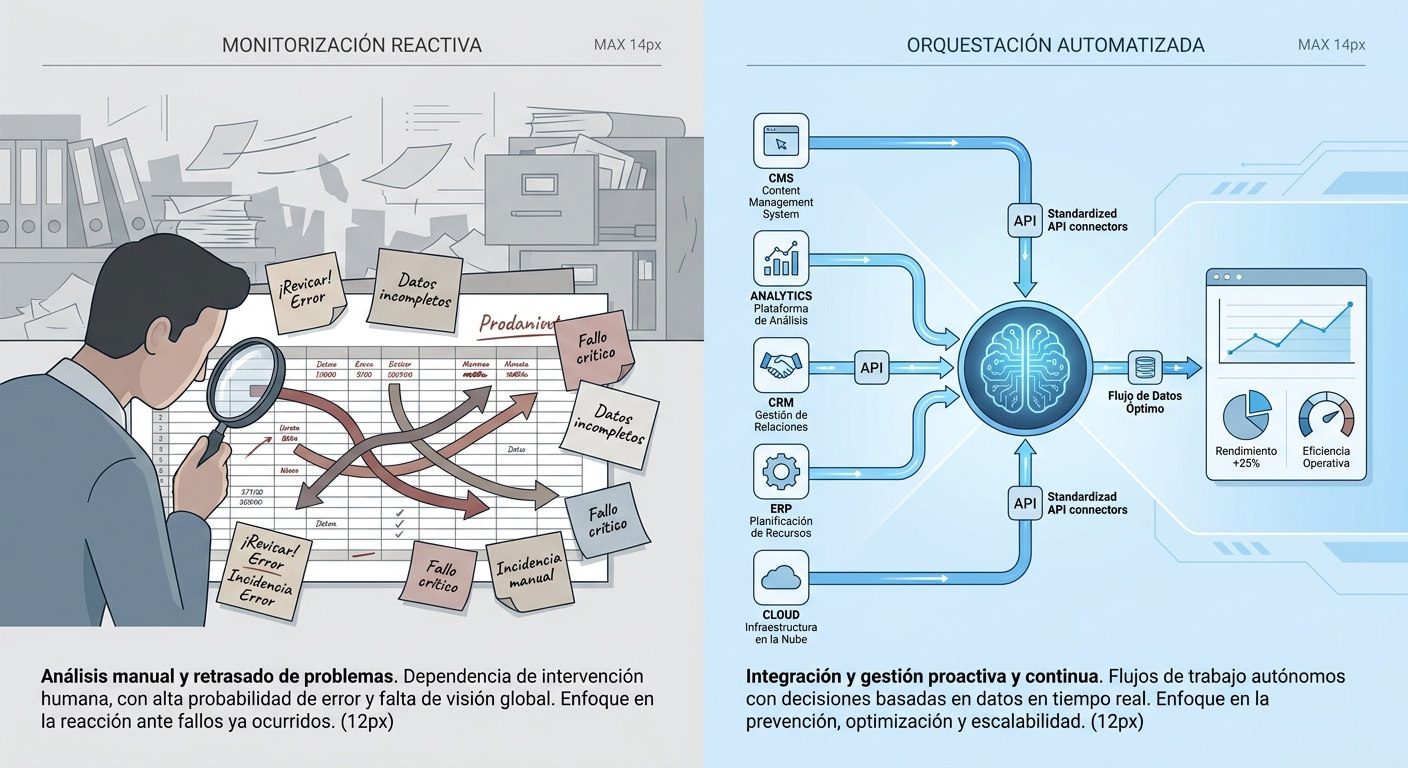 Diagrama comparativo que muestra la diferencia entre la monitorización manual y reactiva (desordenada) y la orquestación automatizada de IA (ordenada y eficiente).