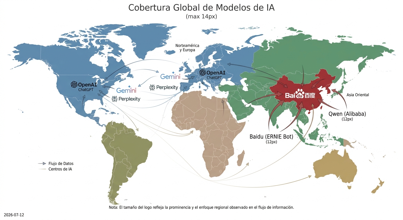 Mapa del mundo que muestra la dominancia de diferentes modelos de lenguaje de IA en distintas regiones geográficas, como ChatGPT en Occidente y Baidu en China.