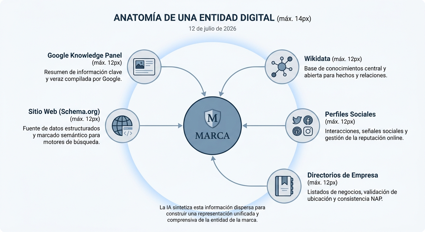 Diagrama que muestra cómo se construye una entidad digital para la IA, conectando la marca central con fuentes de datos como el sitio web, Wikidata y perfiles sociales.