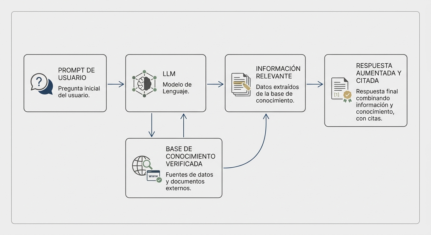 Diagrama que explica el funcionamiento de RAG (Retrieval-Augmented Generation), donde un LLM consulta una base de conocimiento externa para generar una respuesta más precisa.