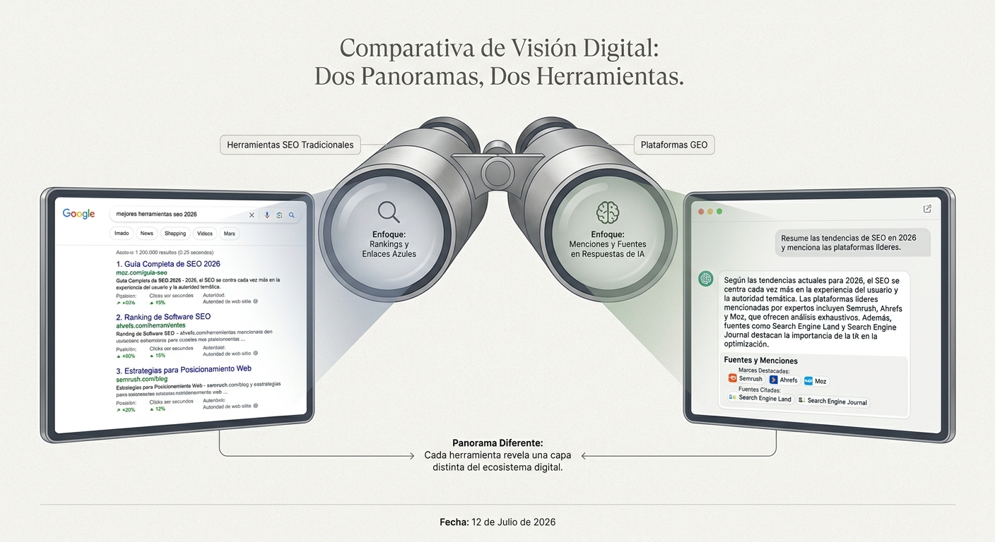 Comparación visual entre herramientas SEO tradicionales, que ven los rankings de búsqueda, y las plataformas GEO, que ven las menciones dentro de las respuestas de IA.
