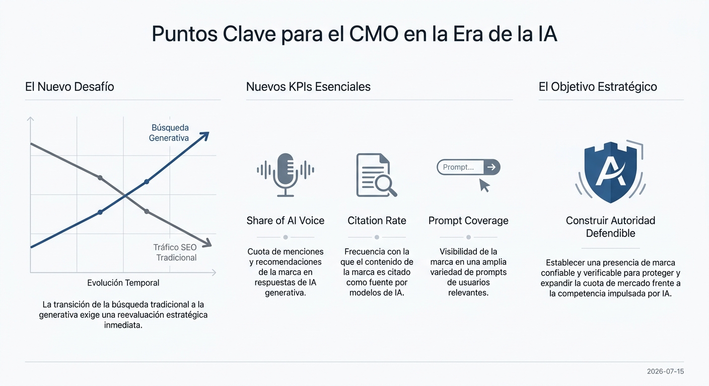 Infografía que resume los puntos clave para los CMOs sobre la visibilidad en IA, destacando el declive del SEO y la importancia de nuevos KPIs.