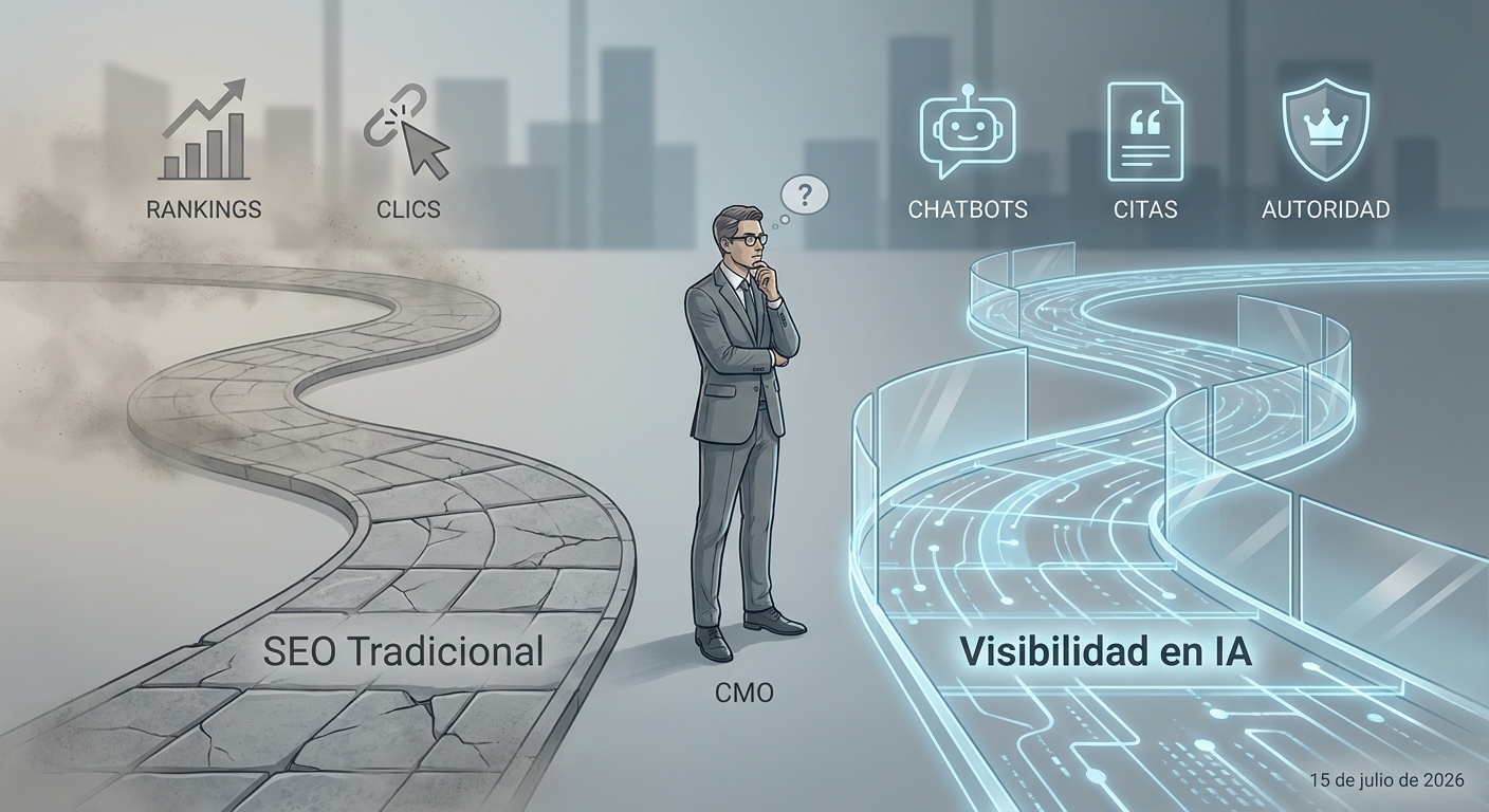 Ilustración de un CMO enfrentando el dilema entre el SEO tradicional obsoleto y el nuevo paradigma de la visibilidad en IA.