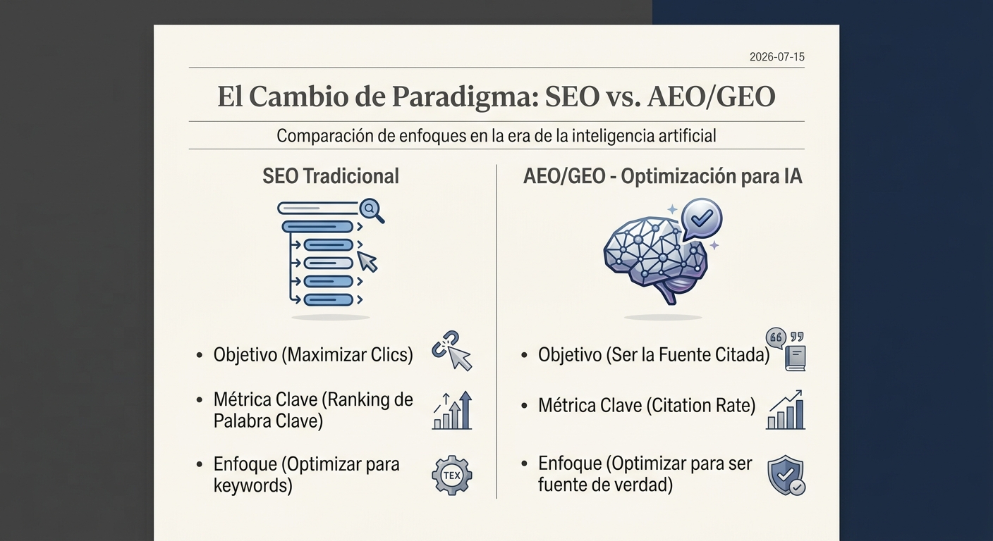 Tabla comparativa que muestra las diferencias entre el SEO tradicional y la optimización para motores de respuesta (AEO/GEO) en términos de objetivo, métrica y enfoque.