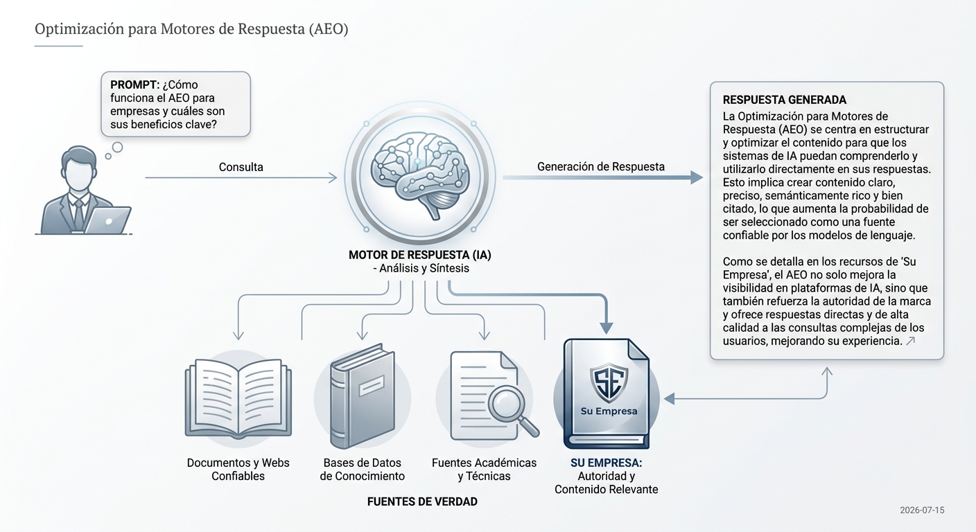 Diagrama que ilustra cómo funciona la Optimización para Motores de Respuesta, mostrando cómo la IA usa fuentes de verdad para generar una respuesta citada.