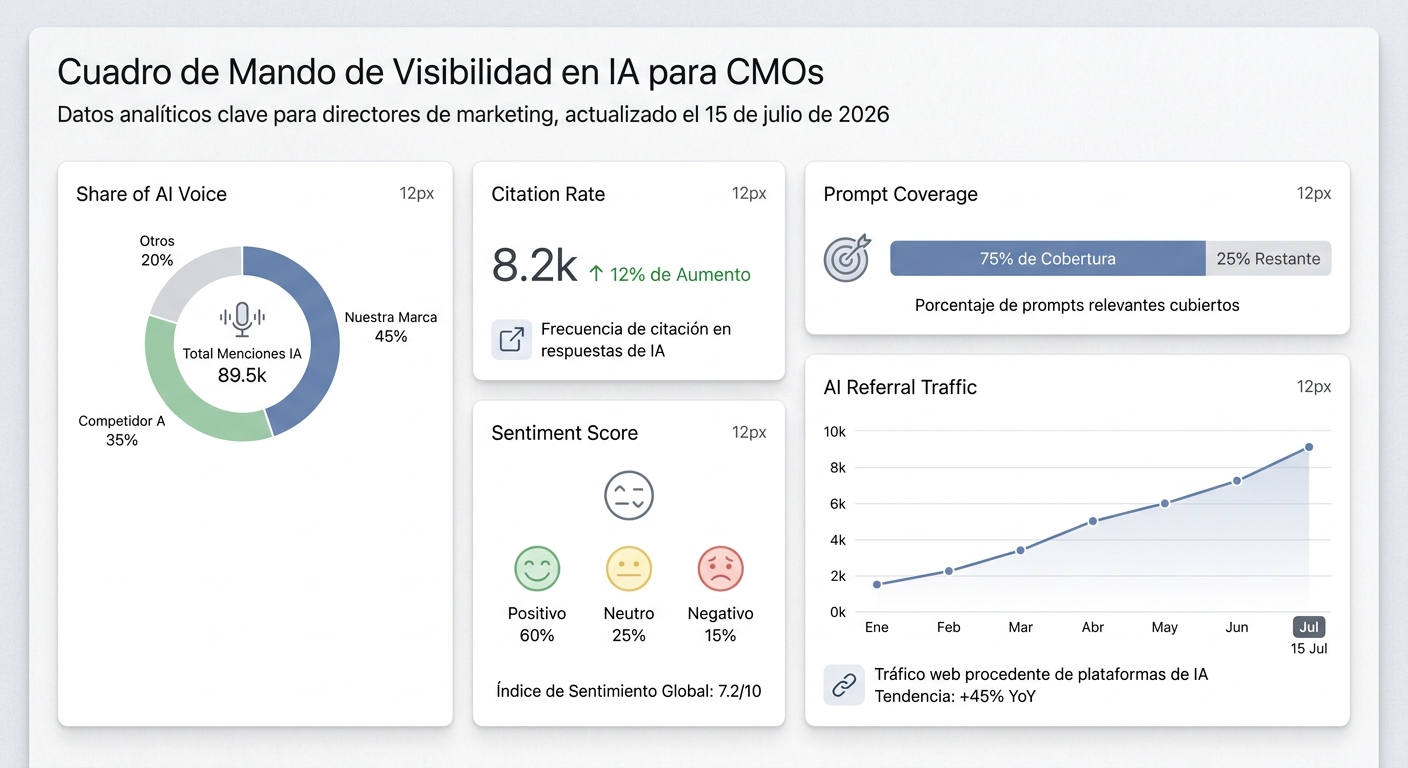 Dashboard de KPIs de visibilidad en IA con métricas como Share of AI Voice, Citation Rate, Prompt Coverage, Sentiment Score y AI Referral Traffic.