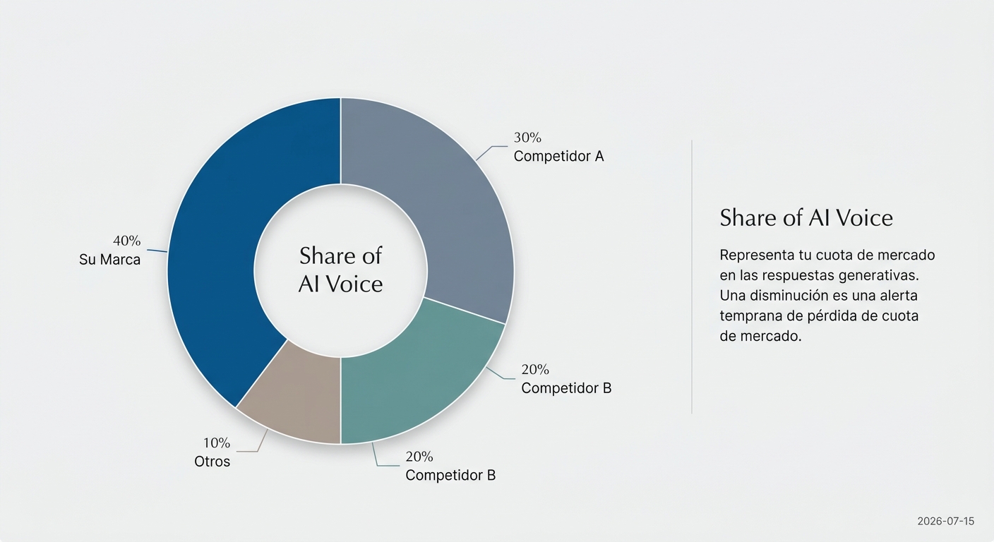 Gráfico que explica el KPI Share of AI Voice, mostrando la cuota de una marca en las respuestas de IA en comparación con sus competidores.