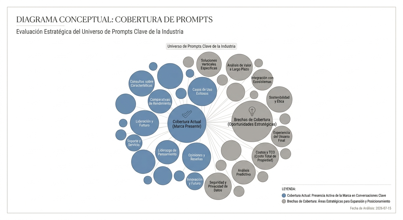 Visualización del Prompt Coverage, mostrando las consultas clave de la industria donde una marca tiene presencia y donde existen brechas.