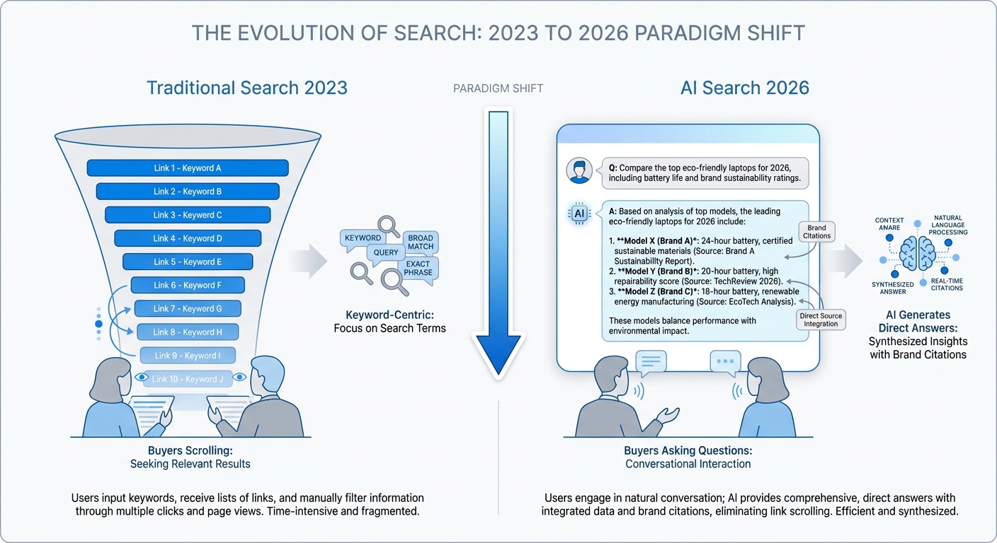 Comparison infographic showing the shift from traditional search results to AI-mediated conversational search
