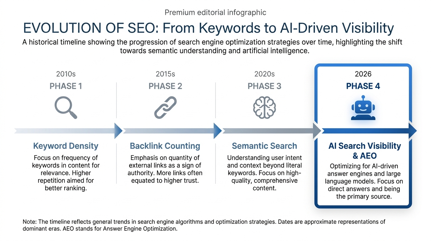 Timeline infographic showing the evolution of SEO from keyword density to AI search visibility