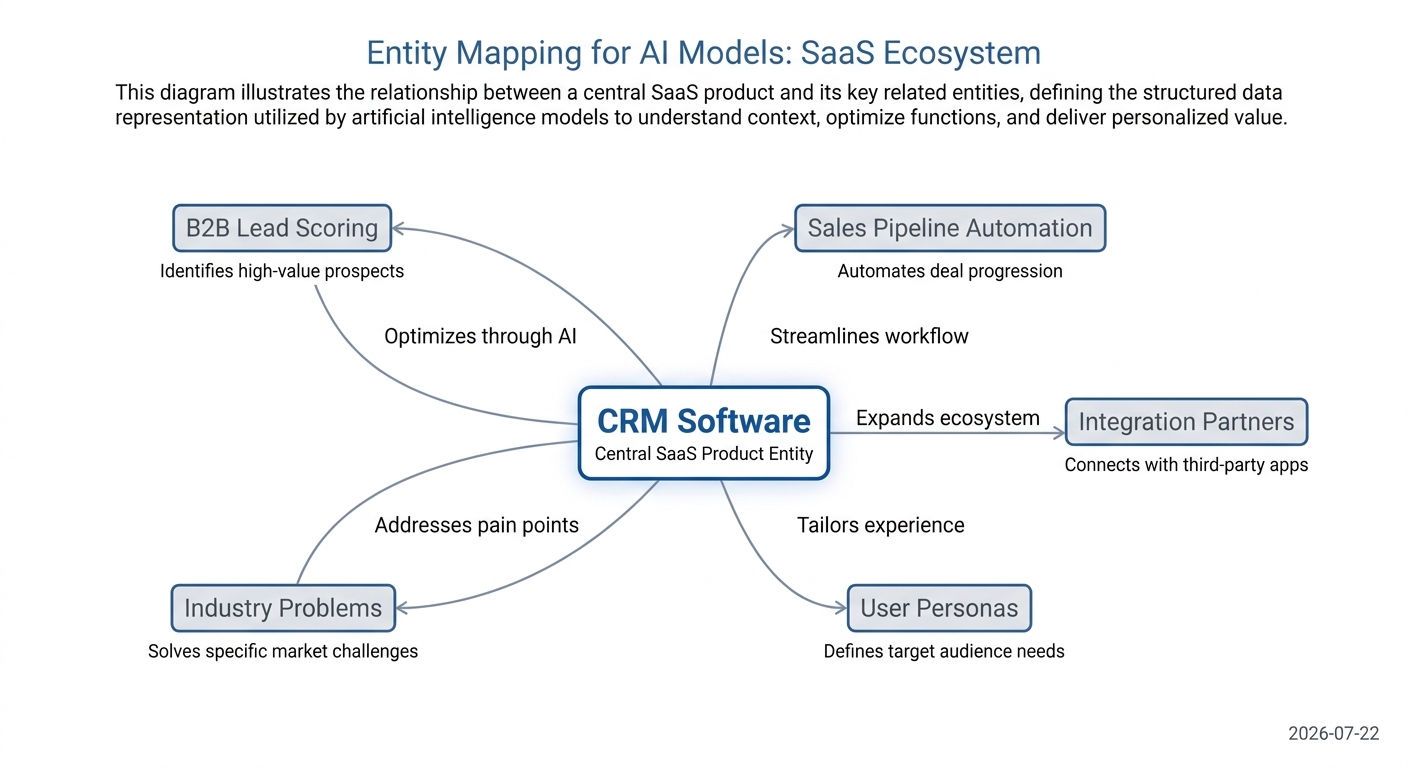 Entity mapping diagram showing a SaaS product connected to related entities and relationships