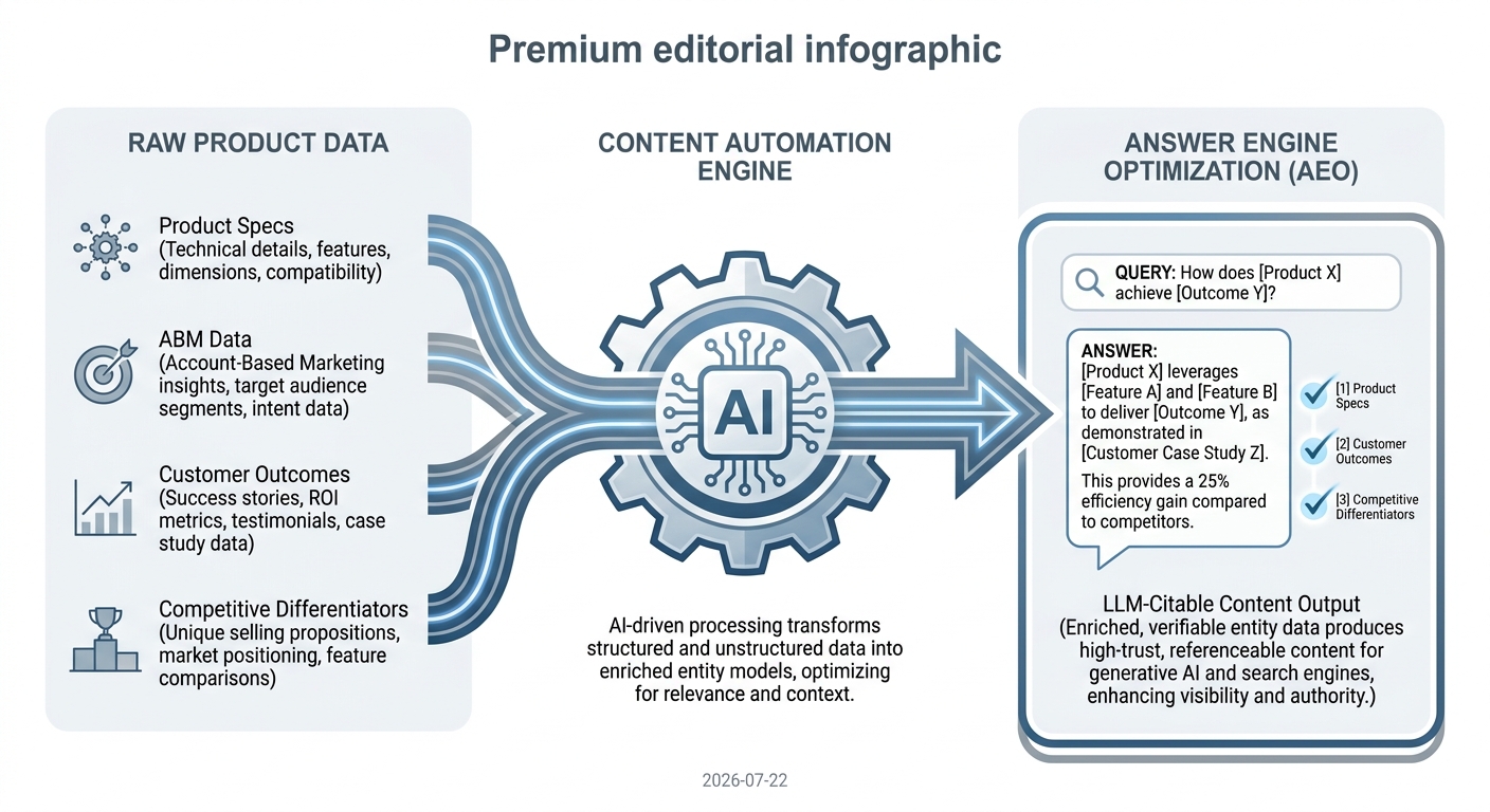 Diagram showing content automation bridging raw product data to Answer Engine Optimization