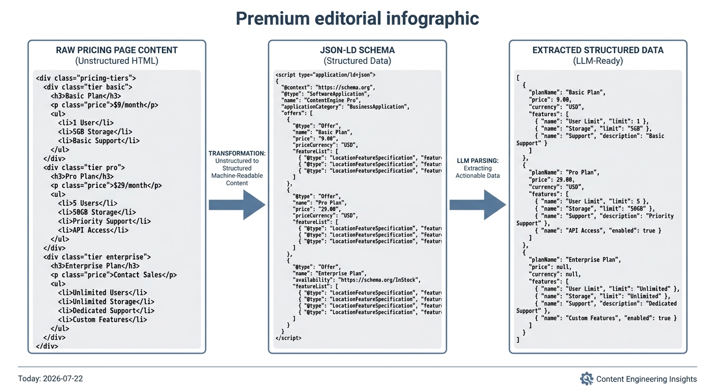Content engineering diagram showing transformation of raw content into JSON-LD schema for LLM extraction