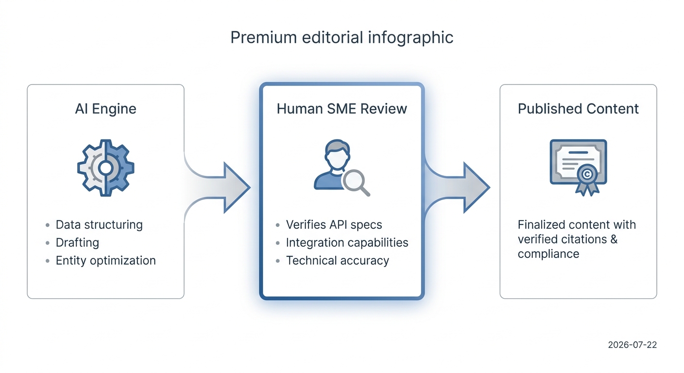 Human-in-the-loop hybrid model showing AI drafting with human expert verification before publishing