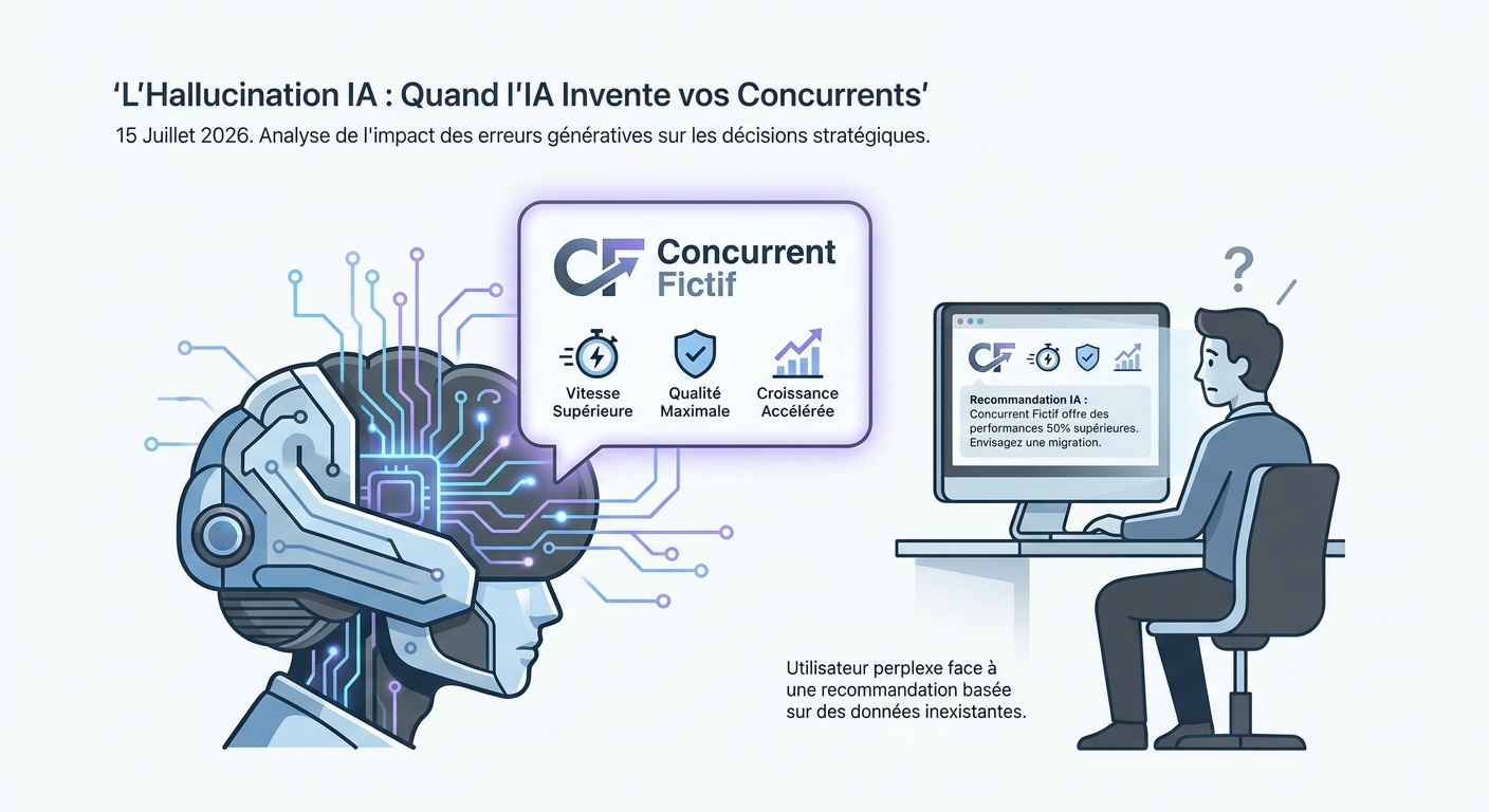 Infographie montrant une IA qui hallucine un concurrent fictif, illustrant le risque pour les entreprises.