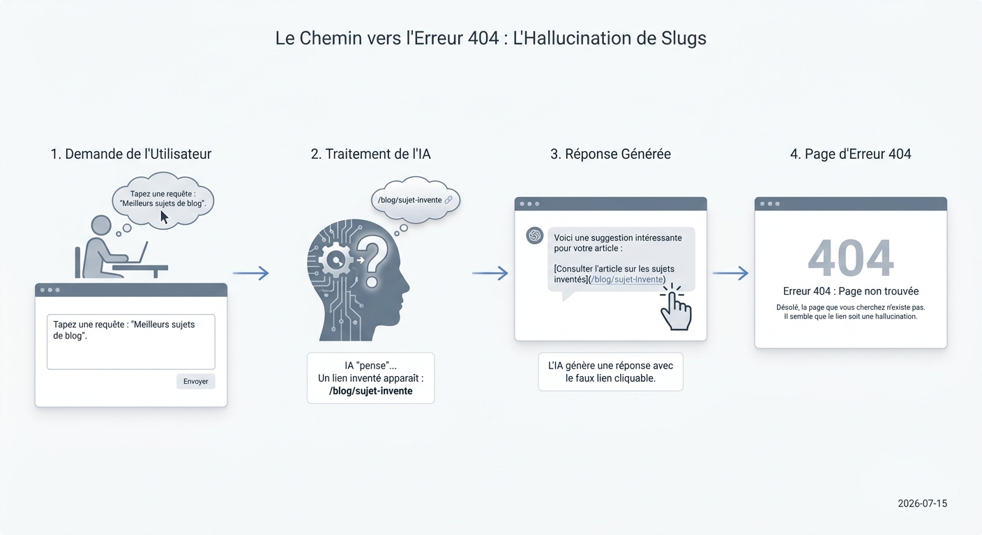 Schéma expliquant comment une hallucination d'IA génère une fausse URL, menant à une erreur 404 pour l'utilisateur.