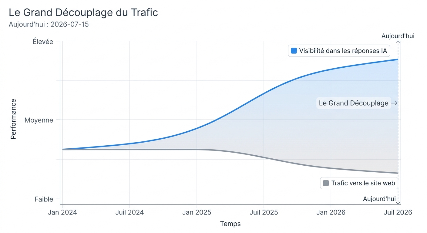 Graphique montrant le 'Grand Découplage': la visibilité de la marque dans l'IA augmente tandis que le trafic du site web stagne.