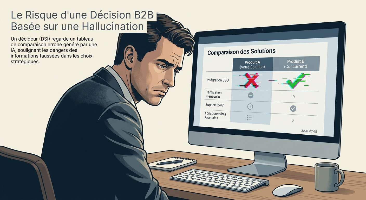 Illustration d'un décideur B2B écartant un produit à cause d'informations erronées générées par une IA.