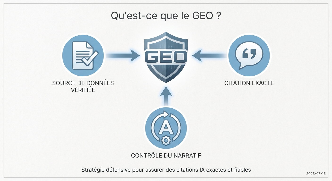 Infographie définissant le Generative Engine Optimization (GEO) comme une stratégie pour influencer les IA.