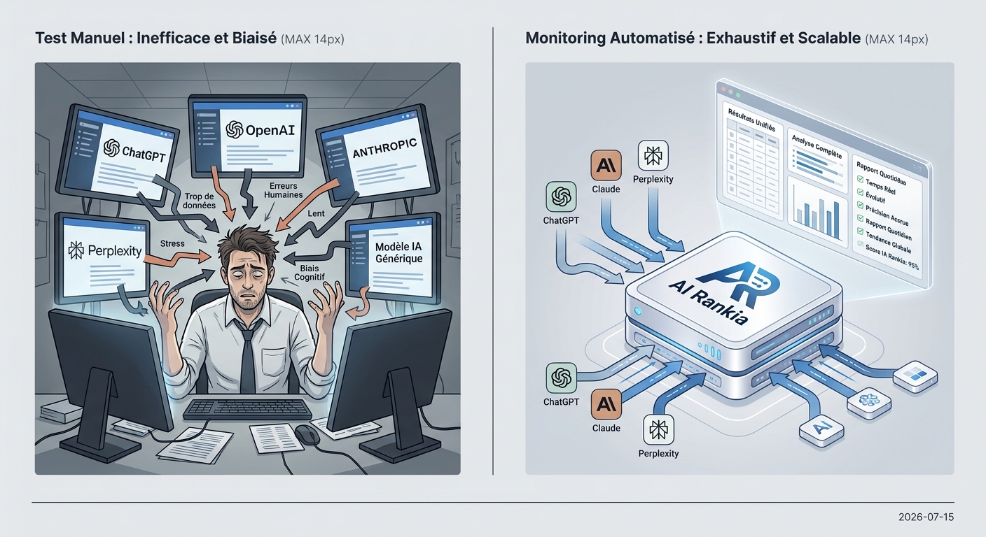 Comparaison entre les tests manuels de prompts, chaotiques, et un monitoring IA automatisé, efficace.