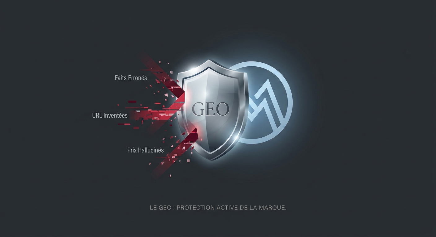 Un bouclier GEO protégeant une marque des hallucinations de l'IA.