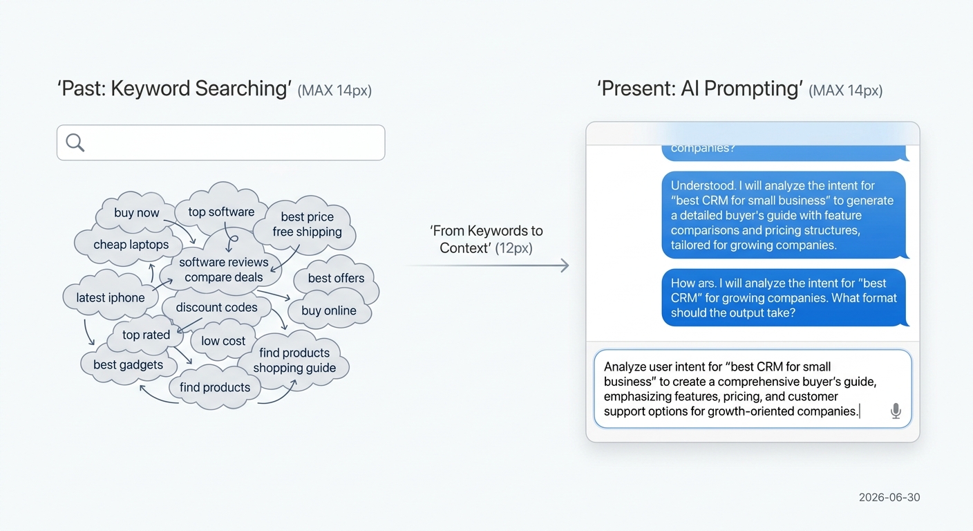 An infographic showing the evolution from messy keyword searches to structured AI prompts for commercial intent.