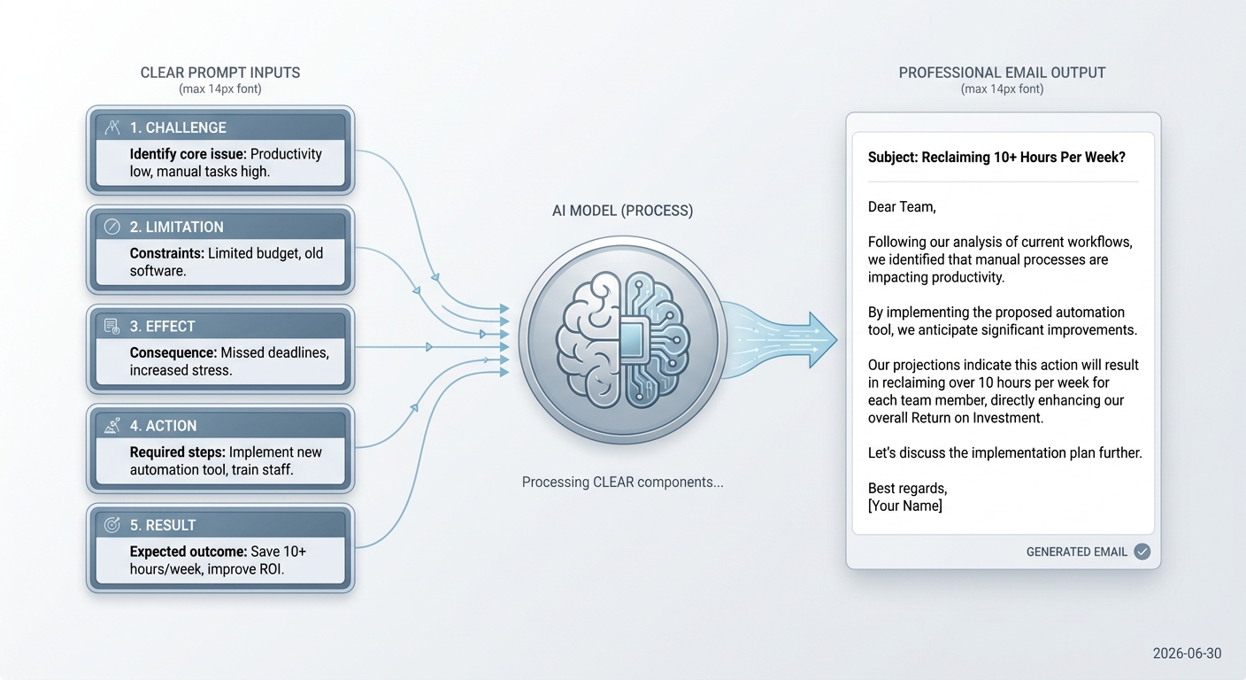 An illustration showing how a structured CLEAR prompt is processed by an AI to generate a persuasive sales email.