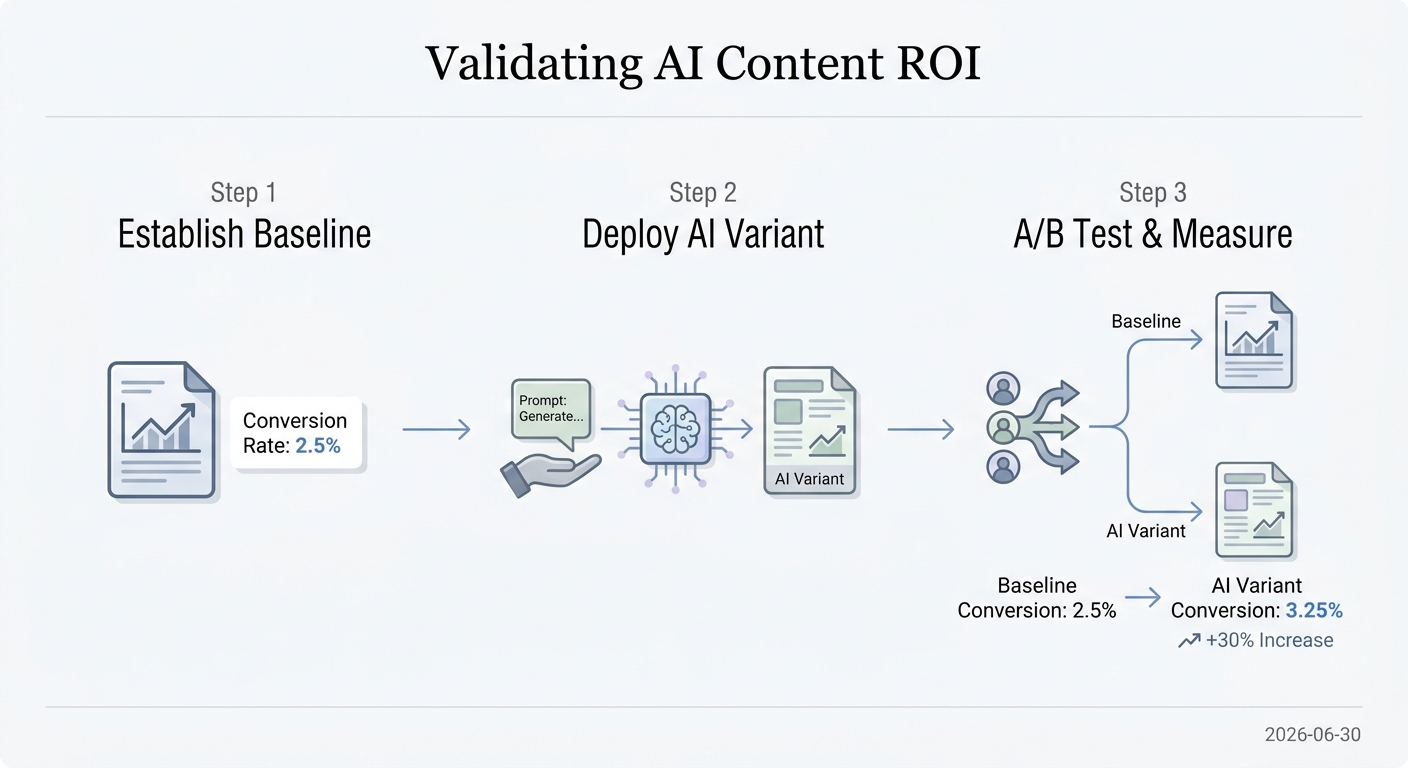 A three-step process for A/B testing AI-generated content: establish a baseline, deploy the AI variant, and measure the results.
