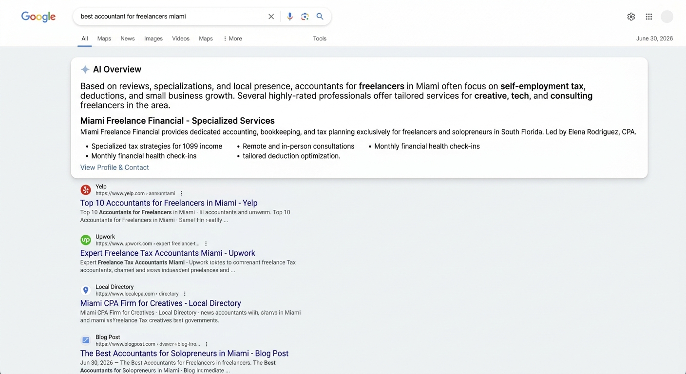 A simulated search results page where a large AI Overview box is featured prominently above the traditional organic search results.