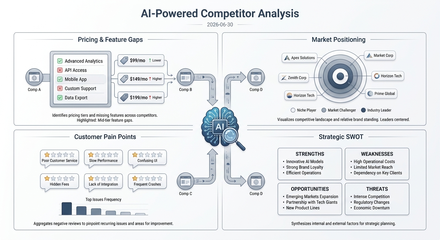 A dashboard infographic showing how AI can be used for competitor analysis across pricing, positioning, pain points, and SWOT.