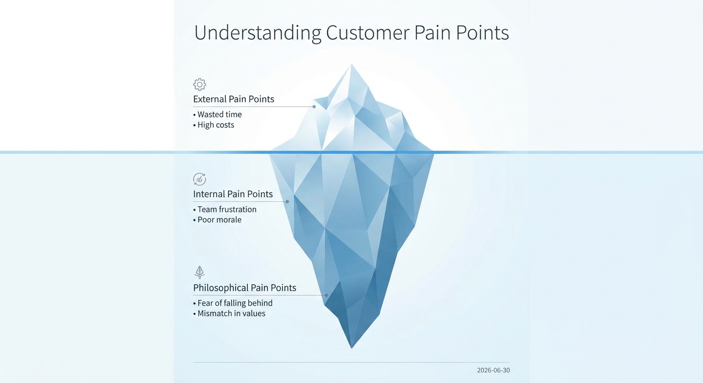 An iceberg diagram showing the three levels of customer pain points: external (visible), internal (below the surface), and philosophical (deepest).